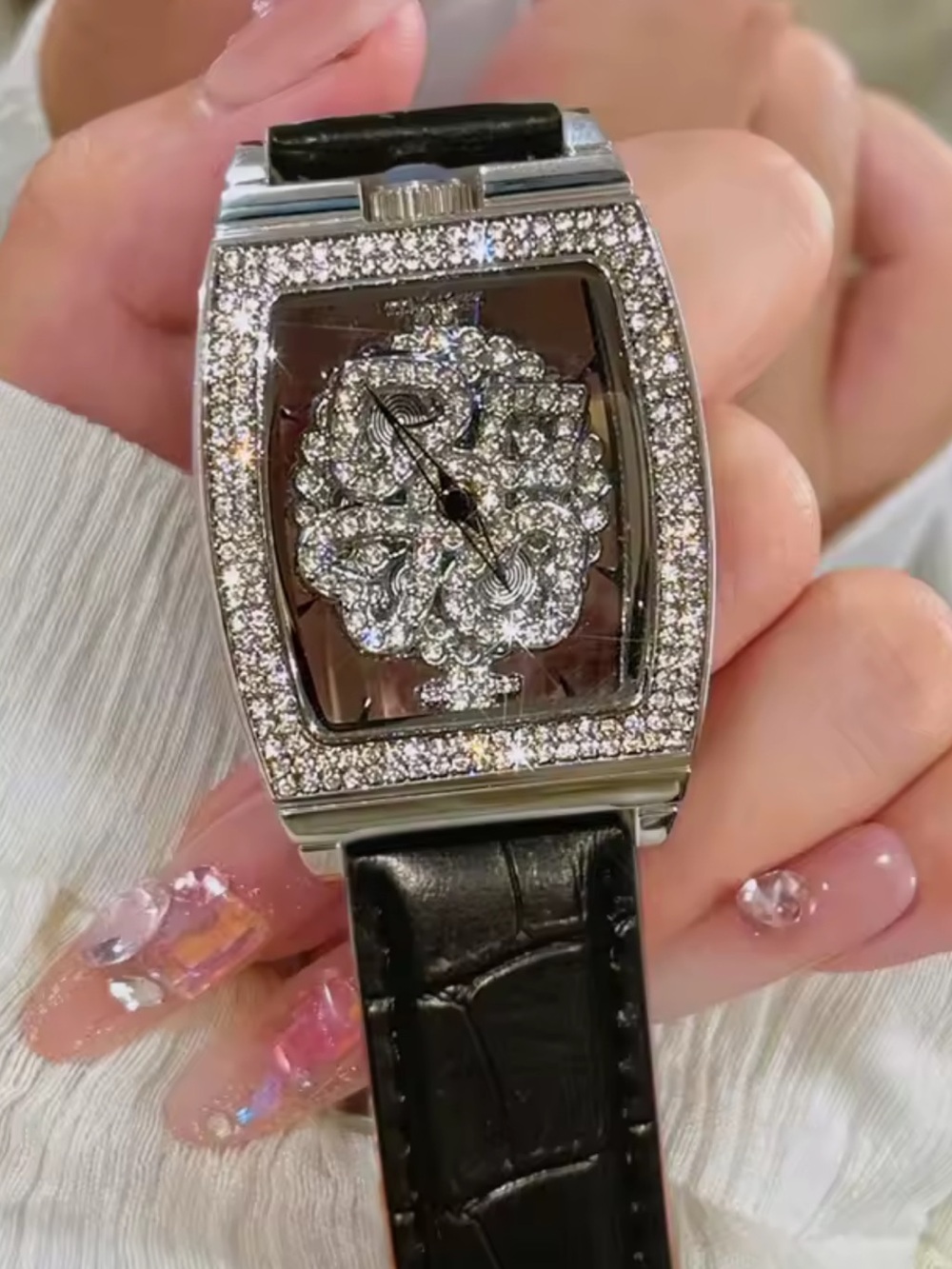 Crystal-Accent Black Leather Women's Watch